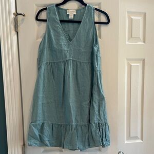 100 percent linen Blue Sleeveless V-Neck Dress